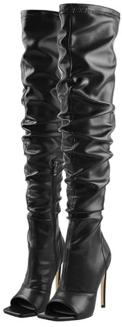 Square Toe Heel for Women Thigh High Boots with Peep Toe Stiletto Heel Strechy Ruched Over The Knee Boots for Women Fashion Elastic Drawstring Zipper Knee High PU Long Boots Black Size 9