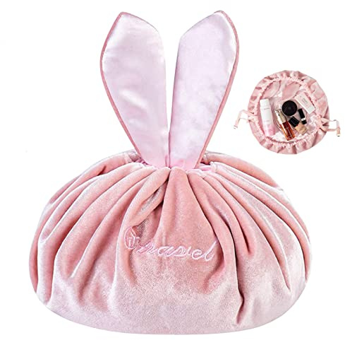 Cisolen Tragbare Kosmetiktasche mit Kordelzug Rosa Faule Reisekosmetiktasche Groß Schminktasche Mit Süßen Hasenohren für Kinder Damen Mädchen
