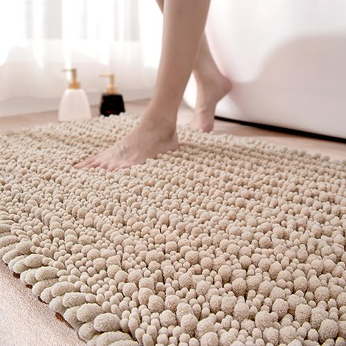 DEXI Badezimmerteppich 60 x 110 cm,Chenille Badematte rutschfest,weicher Badvorleger Maschinenwaschbar,Super absorbierend Badteppich für Badewanne,Dusche und Badezimmer, Beige