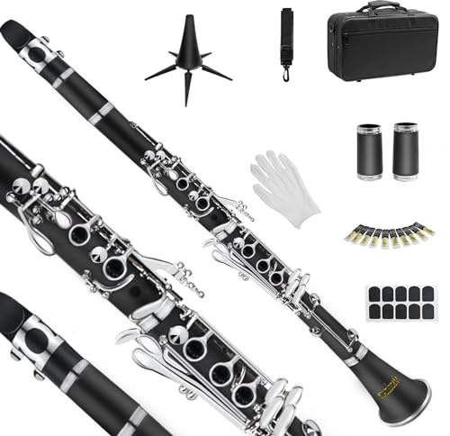 Soulmate Clarinet for Beginner Student Adults 17 Keys Bb Clarinet Set with 2 Barrels Hard Case 10 Reeds and Cleaning Kit, Professional Black