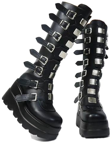 Gothniero Goth Platform Boots Knee High Black Gothic Boots Chunky Heel Holographic Buckles Booties Mid Calf Lace Up Combat Botas for Women 3UK-8UK