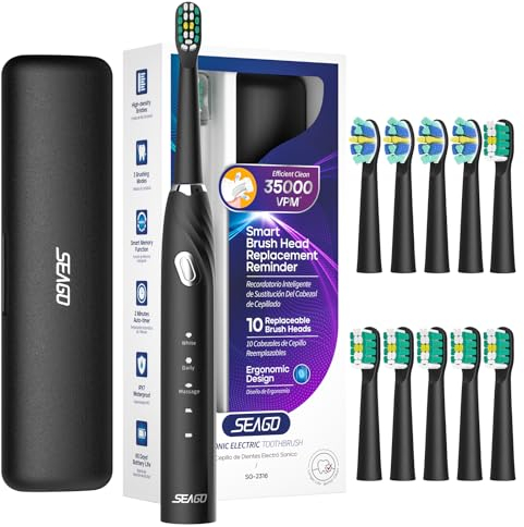 Seago Electric Toothbrush with Travel Case, Travel Toothbrush with 10 Toothbrush Heads & Holder, Rechargeable Toothbrush with Smart Timer for Adults and Kids, SG-2316(Black)