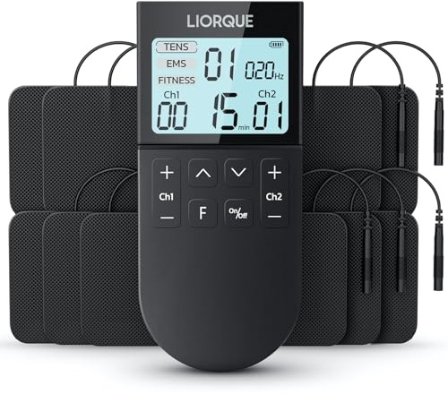 LIORQUE Electroestimulador Muscular, Electroestimulador TENS/EMS/FITNESS 3 en 1, 50 Modos, 10 Piezas de Electrodos TENS, 16 Niveles de Intensidad Para el Alivio del Dolor (Negro)