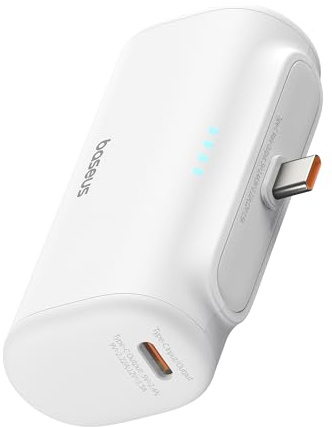 Baseus Power Bank avec connecteur USB C pliable intégré, chargeur portable 5000 mAh 20 W, pour iPhone 15/15 Plus/15 Pro/15 Pro Max, Samsung S22/23 Series (blanc)