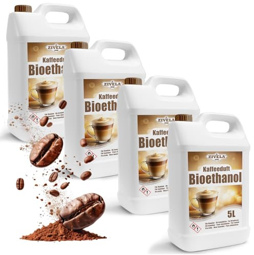 Bioetanol 96,6% 20L | Bio Alcohol Café Aroma 96,6% 4x5L | Bioetanol para Chimenea, Chimenea de mesa, Chimenea de Bioetanol | Aroma de café de bioetanol | Combustión limpia, sin humo, llama viva y