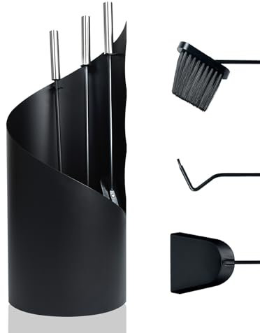 FIVMEN Set di posate per camino, 4 pezzi, colore nero, accessori per camino, con scopa, pala per cenere, gancio e supporto, utensili da forno
