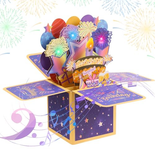 taonganui Geburtstagskarte mit Musik Blowable LED Licht Kerze 3D Pop Up Feuerwerk-Karte mit Lichtern Happy Birthday Geburtstag Geschenke für Frauen, Männer, Freundin und Kinder