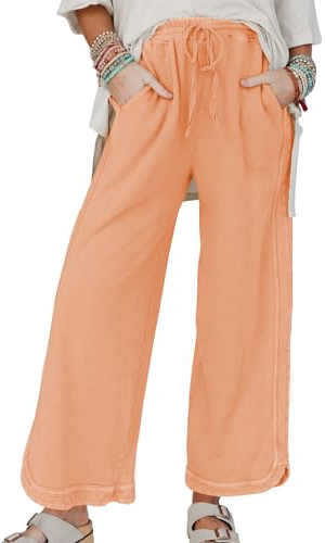 Hixiaohe Women's Casual Wide Leg Sweatpants High Waist Baggy Acid Wash Pants Drawstring Athletic Palazzo Pants with Pockets(Orange,M)