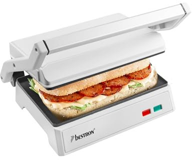 Bestron - Griglia elettrica a contatto con vassoio di raccolta, sandwich maker con manico cool touch e apertura a 180°, con rivestimento antiaderente, modello per principianti, APM124W, colore: bianco