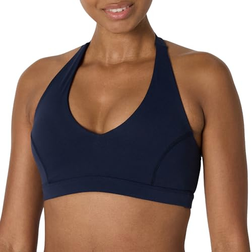 Amazon Essentials Women's Active FormFlex Buttery Soft Light Support Halter V-Neck Sports Bra, Navy, Small