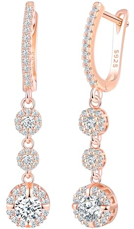 CONILOK Pendientes Colgantes de Circonita en Tira para Mujer,Pendientes Colgantes Hipoalergénico de Plata de Ley 925,Oro Rosa Aretes de Mujer Brillantes y Moda Joyería para Amiga Mamá Esposa