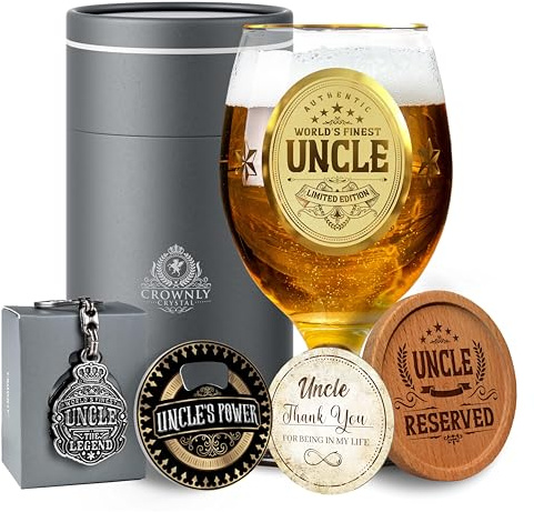CROWNLY CRYSTAL® Personalized Beer Glass Uncle Gifts from Niece Birthday Gift Ideas for Men Best Uncle Pint Glass