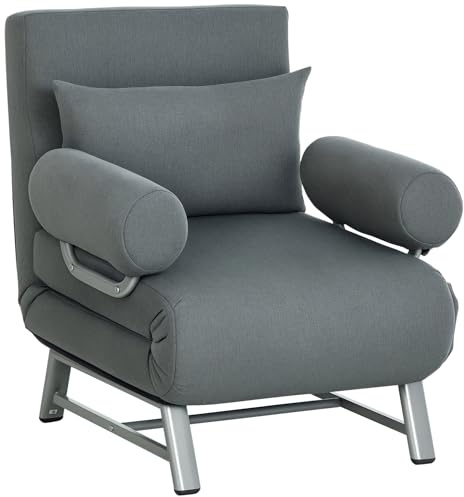 HOMCOM 3 in 1 Schlafsessel, Schlafsofa mit Bettfunktion, Zierkissen, klappbarer Relaxsessel mit Verstellbarer Rückenlehne Armlehne Liegestuhl in Leinenoptik, für Wohnzimmer, Dunkelgrau