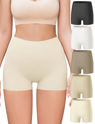 Derisaly Women's Boyshort Seamless High Waist Shorts Full Coverage Underwear Tummy Control Shaping Briefs Invisible Under Dress No Show Panties Soft Stretch Ladies Boxer Briefs 5 Pack(L,A)