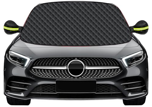 Mengine Frontscheibenabdeckung, Auto Windschutzscheibe Abdeckung mit 9 Versteckten Magneten, Seitenflügel Spiegel & 2 Haken,Eisschutzfolien Frost Guard Fit für Autos und SUVs (Schwarz, 145 * 118cm)