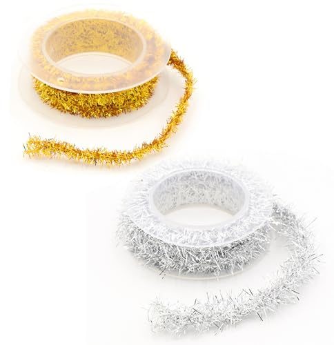 Mini Guirnalda de Oropel, 2 Rollos 1.5 m Oropel para la Navidad, Metálica Guirnalda de Árbol de Navidad, Decoración Metálica Navideña, para Decoraciones en Interior y Exterior(D)