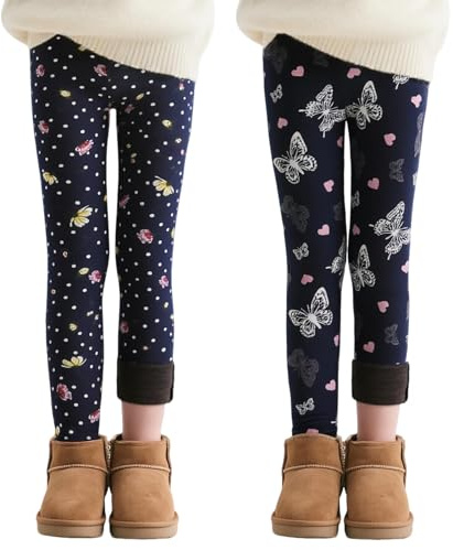JinBei Thermal Leggings for Girls Fleece Lined Thick Warm Winter Pants Soft Stretchy Comfortable Elasticated Waistband Cute Printed Pattern Children Length Trousers 2 Pack Ages 6-7 Years