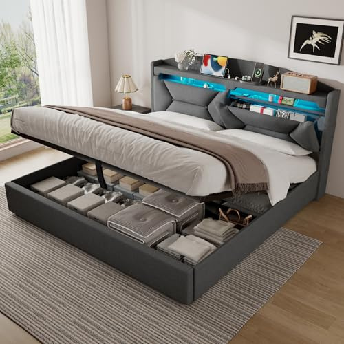 ZUUYEE Camas Matrimoniales 180x200 con Almacenamiento, Cama Matrimonio con LED, Puertos USB y Type-C, Canape 180x200 Hidráulico, Camas Matrimoniales con Cabecero, Lino, Gris, Colchón No Incluido