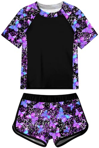 Fanient 2-Piece Swimsuit for Girls Sun Protection UPF 50+ Summer Beach Swiming Set Kids Printed Rash Vest 12-13 Years,13T