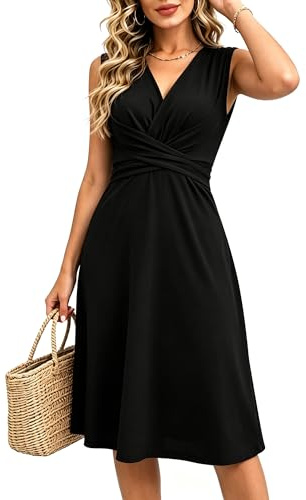 Neteson Vestidos Verano Mujer Sin Mangas Mini Vestido Casual Largo Ligero | Mini Vestidos Elegantes Linea A Cuello en V Dress Playa Fiesta