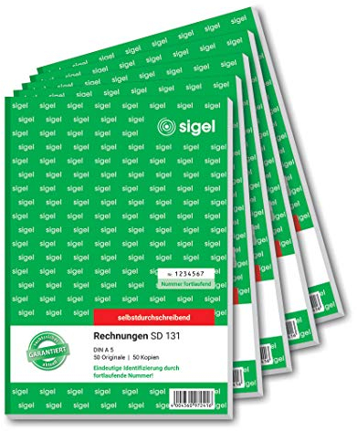 SIGEL SD131/5 Rechnungen fortlaufend nummeriert, eindeutige 7stellige Nummer wie vom Finanzamt vorgeschrieben, A5, 2x50 Blatt, selbstdurchschreibend, 5 Stück, mit Abheftlochung, Rechnungsblock