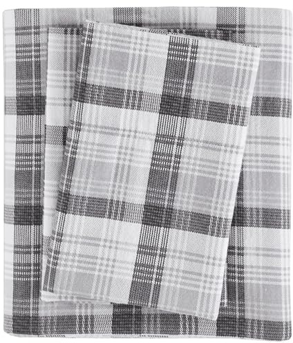 Woolrich Cotton Sheet Set Cottage Charms Print, 100% Cotton Flannel Sheets Warm & Fuzzy Bedding Set Cal King Size Sheets, Fitted Pocket Fits Up to 14 Mattress, Cal King Grey Plaid, 4 Piece
