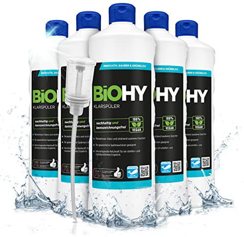 BiOHY Klarspüler (6 x 1 Liter) + Dosierer | Bio Geschirrspülmittel | ideal für alle Spülmaschinen | EXTRA STARKER Fettlöser für Gastronomie & Haushalt | frischer Glanz auf Glas & Geschirr