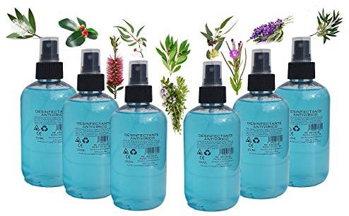 SPRAY ANTIVIRICO DESINFECTANTE PACK 6 UNIDADES 250ML 100% Natural 10 Aceites Esenciales. Limpiador Hidroalcohólico, piel, mascarillas, textil, superficies y aparatología