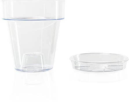 Kalapanta Orchideentopf transparent aus Kunststoff mit Abflusslöchern und Untertasse (1, Ø 16 cm)