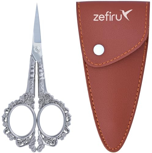 Tijeras de Costura Pequeñas con Funda Marrón - Bordar y Bordado - Punta Fina - Acero Inoxidable y Zinc - Artesanía - (Color: Plata)