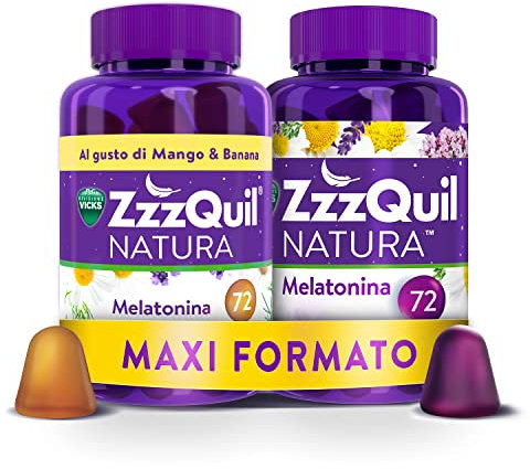 ZzzQuil Natura, MELATONINA per DORMIRE, INTEGRATORE con MELATONINA pura ed Estratti di Valeriana, Camomilla e Lavanda, MAXI FORMATO 2x72 Pastiglie Gommose, Gusto MISTO, FRUTTI DI BOSCO e MANGO BANANA