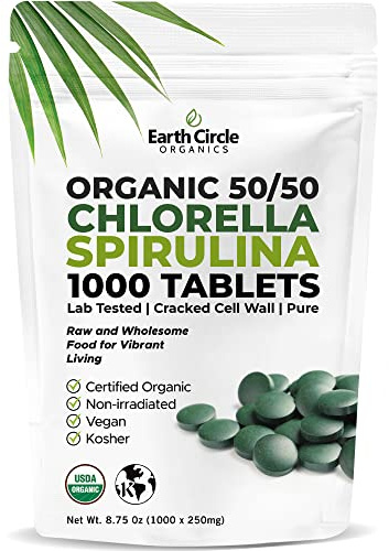 Premium Organic Chlorella / Spirulina Tablets 1000 Count (50/50) | Vegan, Kosher Green Algae Superfood | Cracked Cell Wall for Maximum Absorption | High in Protein, Iron, Chlorophyll - Pack of 1
