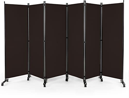COSTWAY 334,5 x 172 cm rumsavdelare på rullar, paravent 6 delar, vikbar, av tyg, insynsskydd för mer integritet och flexibilitet (brun)
