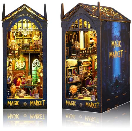 OurMiao Magic Book Nook Kit, DIY Booknooks Kit for Adults Teens, Bookshelf Diorama Miniature House Kit Scenes Insert Decor with Sensor Light, 3D Wooden Puzzle Gifts for Boys Girls (Magic Market)
