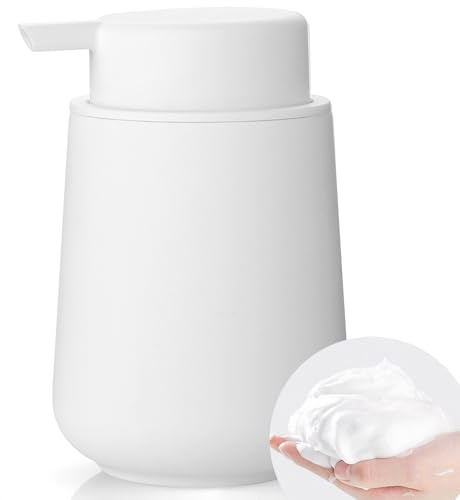 YAUKPH Dispensador de jabón de manos espumoso blanco mate de plástico, 325 ml, estilo minimalista moderno para encimera de baño y cocina, recargable