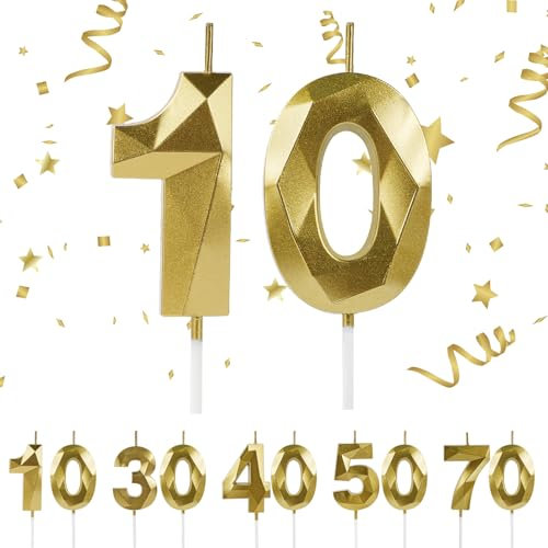 URAQT 10th Birthday Candles, Number 10 Candle, 3D Shape Gold Candles, Birthday Candle for Cake, Cake Topper Decorative for Anniversary, Wedding, Graduation Parties, Birthday Party