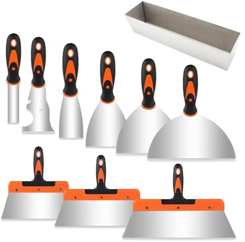 Hanured 10 Pièces Set Spatule Acier, Couteau à Enduire, Spatules en Acier Inoxydable, Multifonctions Spatule Mastic, Grattoir à Seau et un Bac Enduit