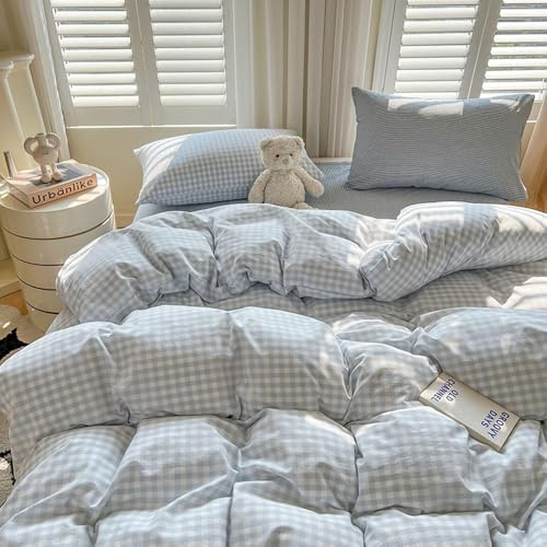 Covebett Gingham Duvet Cover Single Blue and White Plaid Check Bedding Set | Washed Microfiber, Checkered Grid, Geometric, Aesthetic, Soft Quilt Cover 135x200 with Zipper Closure, 1 Pillowcase 50x75 cm