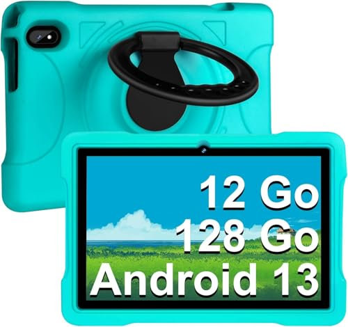 fezawio Tablette 10 Pouces Android 13 | 12 GB (6 + 6) RAM 128 GB ROM Extensible jusqu'à 512 GB | Contrôle Parental | WiFi 5G | Dual Camera | Eva Cover - Vert