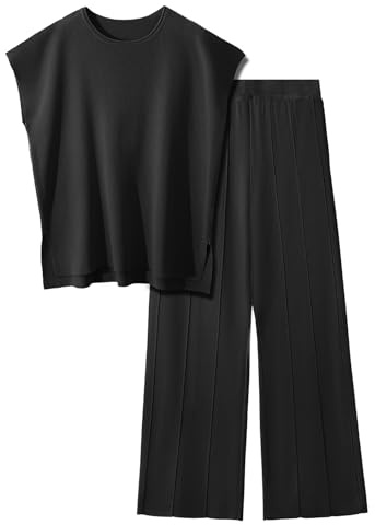 PASUDA Tuta Donna Completo Estiva Elegante 2 Pezzi Completo in Maglia Casual Maniche Senza Girocollo Pullover Top Elastico in Vita Pantaloni a Gamba Larga Set Per Casa (Nero, XL)