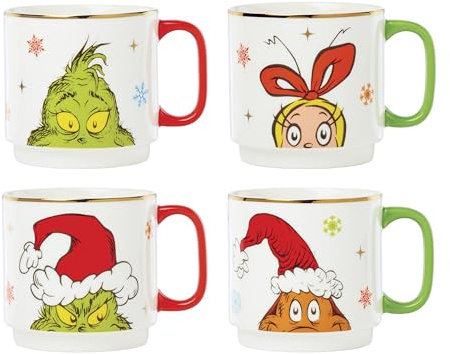 Lenox 898097 Merry Grinchmas Stackable Mugs, Service For 4, Assorted, Christmas, Drinkware Set, Holiday Glasses