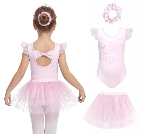 JiAmy Leotardo de ballet para niñas, manga con volantes, traje de ballet con falda, disfraces de baile, vestido de bailarina brillante para 3-10 años, rosa, 3-4 años