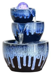 Fuente de sobremesa Fuente de escritorio con horno de cerámica, cambio de esmalte, humidificador de agua corriente, bola Feng Shui, fuentes pequeñas de escritorio Cascada de interior(Blue)