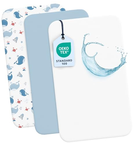 Dreamzie 2 Sabanas Minicuna + 1 Protector Colchón Cuna Impermeable Bebe⎥100% Algodón para Cuna, Moisés - 55x90 cm Estampado Ocean