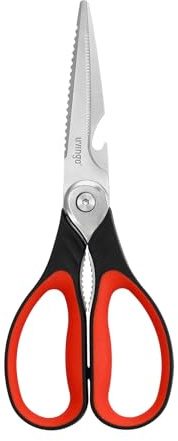 LIVINGO 8.5 Inch Kitchen Scissors Heavy Duty - Multi-Purpose Food Shears with Serrated Blades, Nut Cracker, Fish Scaler, Bottle Opener, Black & Red Handle