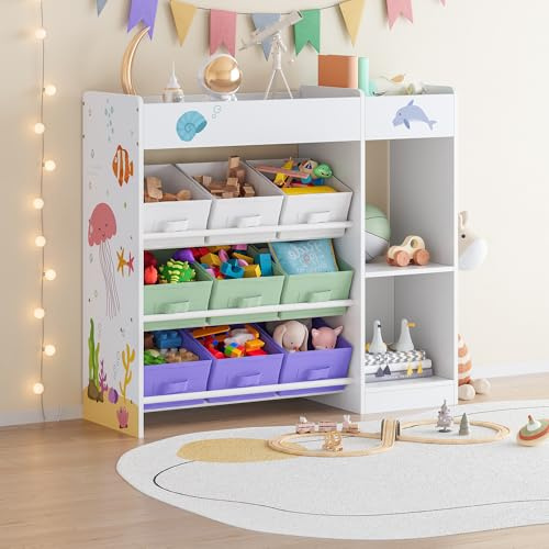 [en.casa] Scaffale per Cameretta con Scomparti Aperti e 9 Scatole Pieghevoli Porta Giocattoli Mobile Contenitore Montessori a Misura di Bimbi 80 x 90 x 30 cm - Design Aqua Dream