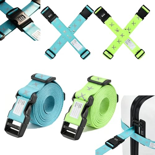 AEMCHDM 4 Piezas Correas de Equipaje Ajustables para reconocer fácil el Equipaje, Verde Fluorescente, Azul Lago, Correa para Equipaje llamativa con Cerradura y Etiqueta Nominativa y Dirección