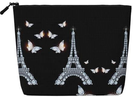 Eiffel Tower Cosmetic Organizer Large Fake Hemp Bag, Water Resistant Zippered Pouch for Daily Travel