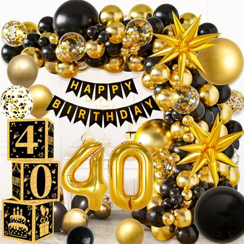 YEJIKJ Caja de globos decorativa para 40 cumpleaños, 40 cumpleaños para hombre y mujer, 40 globos decorativos en negro y dorado, caja decorativa para hombre y mujer para 40