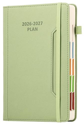 Akademisk möteskalender 2026–2027, A5, en dag per sida, halvårsplanerare från juli 2026 till juni 2027, inbunden agenda med pennhållare, framficka, färgad månadsflik, elastisk stängning